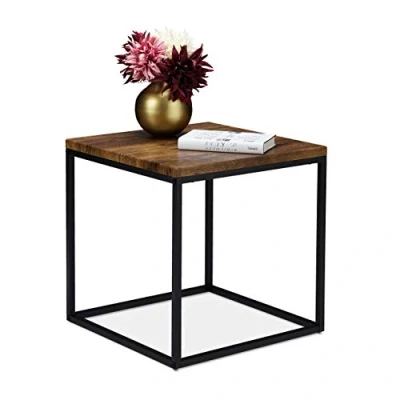 Image de Relaxdays Table d’appoint, carrée, 45 cm, Style Industriel, pour Salon et Chambre à Coucher, métallique, Effet boi, Acier, MDF, 1 pièce