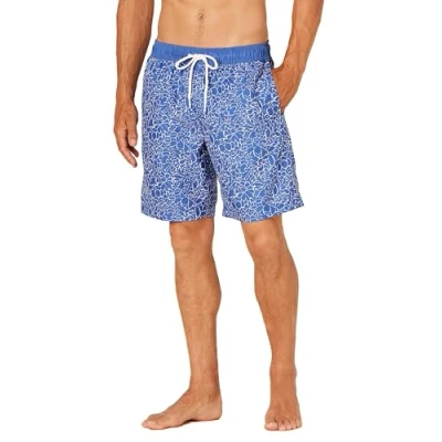 Image de Amazon Essentials Short de Bain à Séchage Rapide 23 cm Homme, Bleu Marine Blanc Fleuri Peint, M
