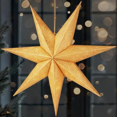 Image de BRUBAKER Étoile de Noël 60 cm pour Intérieur l&#039;Avent LED Suspendue 3D Lumineuse en Papier à Suspendre Décoration Fenêtre et Illuminable avec Pile Or