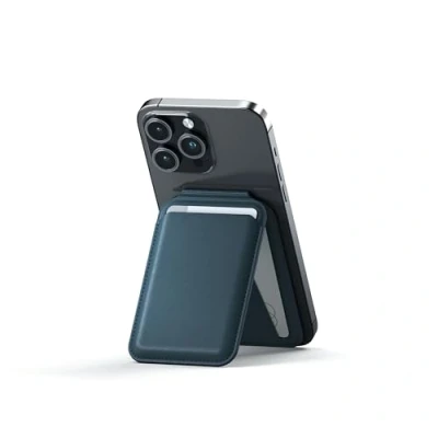 Image de Satechi Portefeuille MagSafe et Support Double Volet 4 Emplacements pour Cartes, NFC Pass Through Tous Les modèles de la série iPhone 16/15/14/13/12 Cuir Végétalien, Bleu