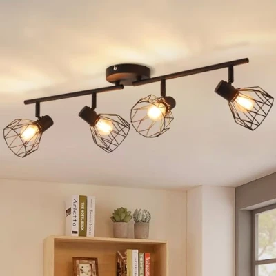 Image de ANWIO Plafonnier Spots, 4 Spots de Plafond LED Intérieurs Base E14, Noir avec Rectangulaire, Rotatifs (Sans Ampoules).