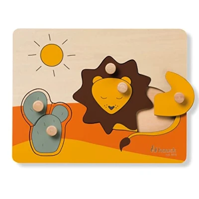 Image de hauck Puzzle Bebe 1 an N Sort Jouet Bois Bébé à Encastrement (certifié FSC®), Formes d&#039;animaux, Boutons pour Saisir, Stimulation Motricité Fine, Lion