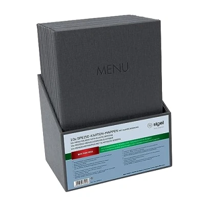 Image de SIGEL SM204 Lot de 10 Protège menus à cordon élastique avec 2 pochette transparent pour 8 feuilles DIN A4 et boîte rangement, gaufrage Menu, anthracite