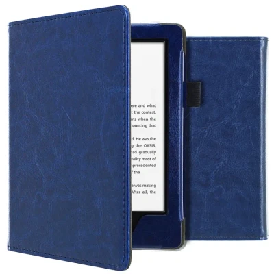 Image de Étui de liseuse portefeuille en cuir végan pour Amazon Kindle 10 Bleu foncé IMOSHION