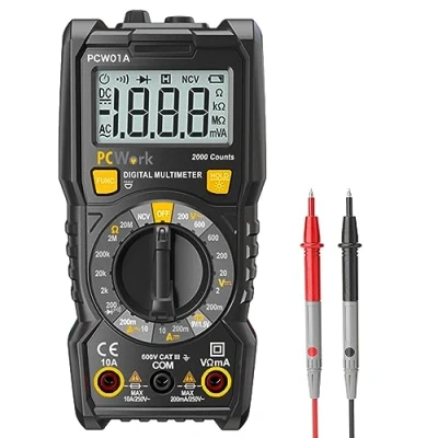 Image de PCWork PCW01A Multimètre numérique d&#039;entrée de gamme Grand écran 2000 points CAT III 600 V Appareil mesure tension Testeur continuité automobile courant