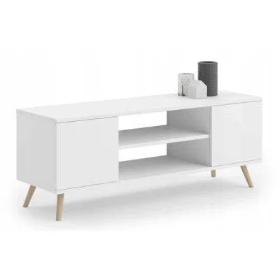Image de KOBI Meuble TV Focus, Blanc, 135 cm Style scandinave Pieds en Bois Au Salon