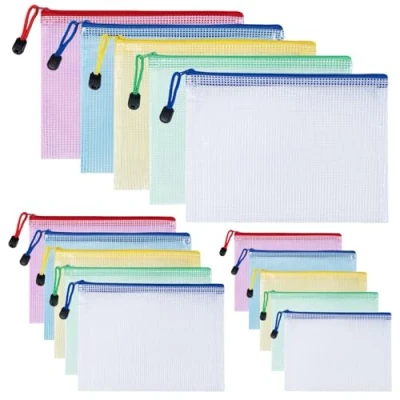 Image de Carehabi Lot de 15 porte documents colorés A3 + A4 A5 Étanche En maille avec Fermeture éclair Plastique Pour documents, cosmétiques (3 tailles)
