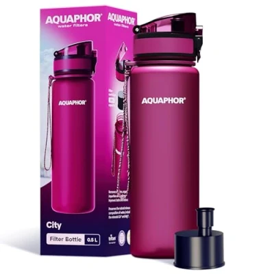 Image de AQUAPHOR City Bottle Bouteille d&#039;eau de voyage avec filtre à charbon actif, le chlore et les impuretés, fabriquée en Tritan sans BPA, 500 ml, rouge