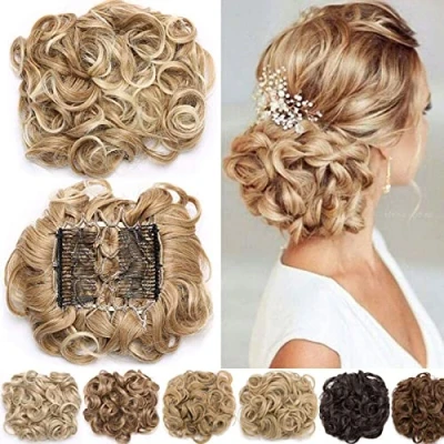Image de Extensions a clip cheveux naturel postiche Wrap Scrunchie Scrunchy volumineux Chignon Combs Hair bouclés Queue de Cheval Blond blanchiment