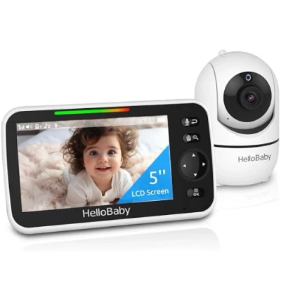 Image de HelloBaby Babyphone Caméra, 5&#039;&#039; Écran 30 Heures Batterie, Rotation de 355 Camera Bébé Surveillance Vidéo, sans WiFi, Vision Nocturne, ECO, Température, Talkie Walkie, 8 Berceuses, 305m Longue Portée