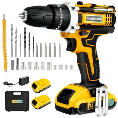 Image de Perceuse Visseuse Sans Fil 21V: Avec 2 Batteries 2.0 Ah, 24 Accessoires Fil, Couple de 40 Nm, 25 + 3 Niveaux Couple, Adaptée Aux Outils Domestiques et à Un Usage Industriel