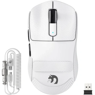 Image de MAMBASNAKE M3 Souris de Jeu Sans Fil Ultra légère 39g avec Câble Spiralé, Capteur PixArt PAW3395PRO, Jusqu&#039;à 40,000 DPI, Bluetooth/2,4GHz Fil/Filaire, 200Hours Battery,pour PC/Xbox/PS/Mac (Blanc)