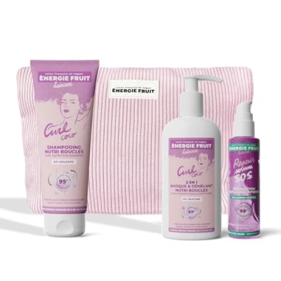 Image de ENERGIE FRUIT Coffret cadeaux routine capillaire cheveux bouclés Huile de coco et collagène Trio shampooing masque nourrissant, sérum protecteur Trousse offerte