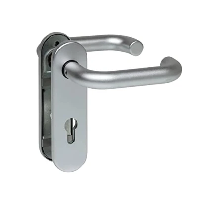Image de Hörmann Poignée de porte FS D 110 avec plaque courte PZ, palier lisse en aluminium F1 (poignée protection contre le feu pour coupe feu/porte multifonction H8 5/Quadro/MZ/OD) 535397