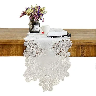Image de Chemin de table blanc en dentelle avec broderie florale pour commode, écharpe, cheminée, mariage, salle à manger, fêtes et rassemblements