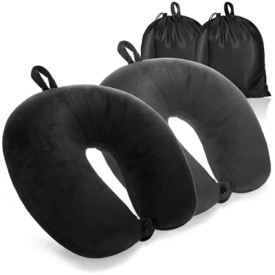 Image de com four® Lot de 2 coussins nuque qualité supérieure Avec mousse à mémoire forme pour adultes Coussin voyage doux et velouté avion, voiture, train, bateau bus Aide au