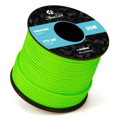 Image de Abma Cord 30M Paracorde 275 Corde en Nylon 2,4 mm 4 Brins de Survie, Extérieure, Tout Usage Max. 125kg (275lbs) Néon Vert