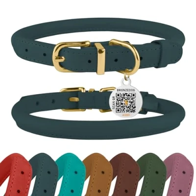 Image de BRONZEDOG Collier pour Chien en Cuir roulé avec Plaque d&#039;identification QR Durable Rond et personnalisé Chiens de Petite, Moyenne Grande Taille 43,2 à 48,3 cm Denim