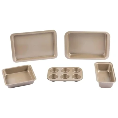 Image de Salter BW12603GEU7 Bakes ensemble de 5 pièces plat à rôtir enduit antiadhésif, plaque cuisson, poêle carrée, moule pain, plateau muffins, résistant au four jusqu&#039;à 220 C, sans PFOA, or
