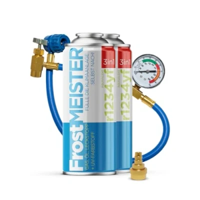 Image de FrostMEISTER Kit de recharge 3 en 1 pour climatisation voiture (2 boîtes 400 ml + tuyau avec manomètre et adaptateur) Liquide froid rechange, huile compresseur mastic R1234yf (à