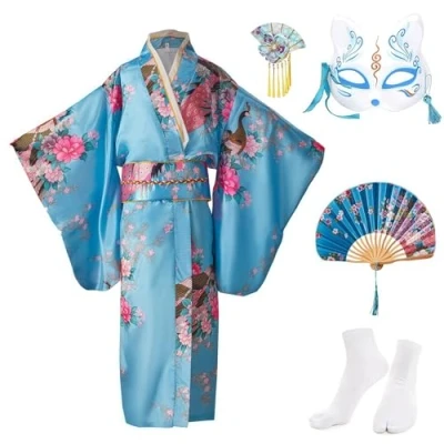 Image de KRUIHAN Kimono Enfant Deguisement Japonaise Fille Robe pour la Fête et le Spectacle,Satin Cosplay Anime avec Eventail Pliant,Chaussettes Tabi,Masque de Renard Epingle à Cheveux,Bleu,140