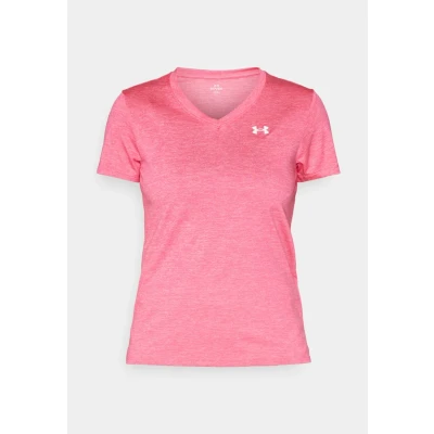 Image de Under Armour Tech Manches Courtes col en V Twist, T Shirt Femme Confortable et au séchage Rapide, de Sport Respirant, Femmes, Super Pink/White, L, LG