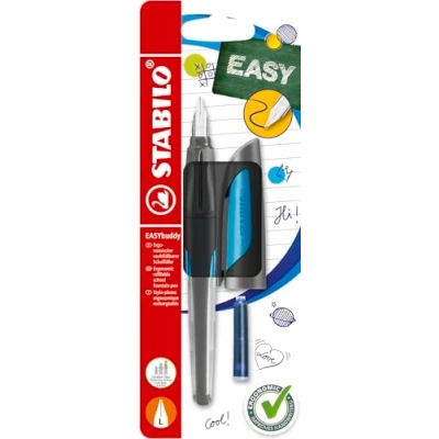 Image de stylo plume gaucher STABILO EASYbuddy Blister x 1 enfant stylos L spéciale Noir / bleu cartouche incluse