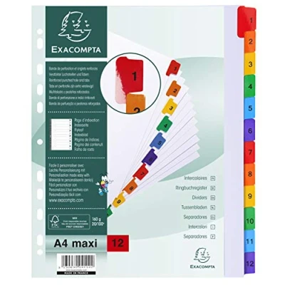 Image de Exacompta Réf. 4112E Intercalaires en carte blanche 160g/m2 FSC® avec 12 onglets imprimés numériques de 1 à couleur Page d&#039;indexation imprimable Format classer A4 maxi