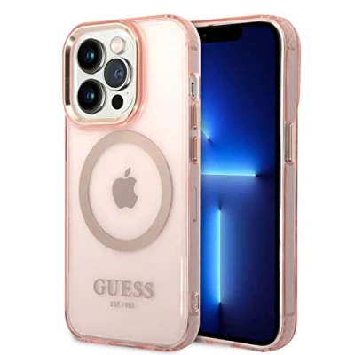 Image de CG MOBILE Guess Coque Compatible avec Magsafe Contour doré translucide, dernier Design Brillant, Anti Rayures, résistant aux dommages, iPhone 14 Pro Max (Rose)