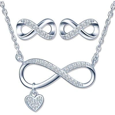 Image de Ensembles de bijoux en argent 925, Collier symbole l&#039;infini, Boucles d&#039;oreilles infini mignons, Zircon incrusté, pour femme fille, Cadeau Noël et Anniversaire
