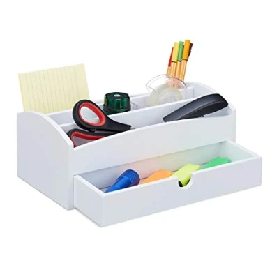 Image de relaxdays, Organiseur en bambou, avec compartiments et tiroir, Bureau, HLP 11 x 27,5 15 cm, blanc, MDF