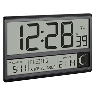 Image de TFA Dostmann Horloge Murale radiopilotée numérique XL, 60.4524.01, avec Lever et Coucher du Soleil, Grands Chiffres, Phases de Lune, silencieuse, Noire