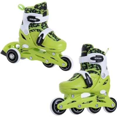 Image de Madivo Dino Set 2 en 1 pour enfant Rollers / triskates réglables patins à roulettes ABEC 5 ligne transformables Vert/noir Pointures : 26 29, 30 33 (S (30 33))