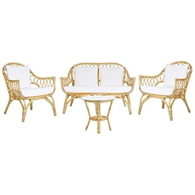 Image de Salon de Jardin 2 Fauteuils Table Basse et Canapé Banquette Places en Rotin Clair pour Extérieur au Style Boho Rustique Beliani