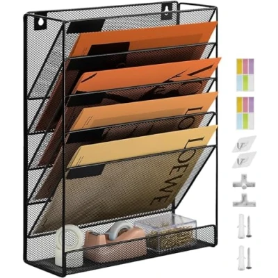 Image de PLSOPPKG Porte documents mural à 6 niveaux A4 suspendre En maille métallique durable revue de bureau Bac courrier Noir