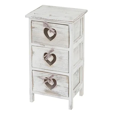 Image de Petit meuble de rangement table chevet 3 tiroirs avec motif coeurs 55 par 29 25 style vintage blanc