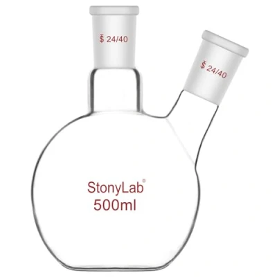 Image de stonylab Fiole à Fond Plat FBF, Paroi Épaisse 2 Cou de Laboratoire d’Ébullition en Verre Borosilicaté avec Articulation Standard 24/40, 500 ml