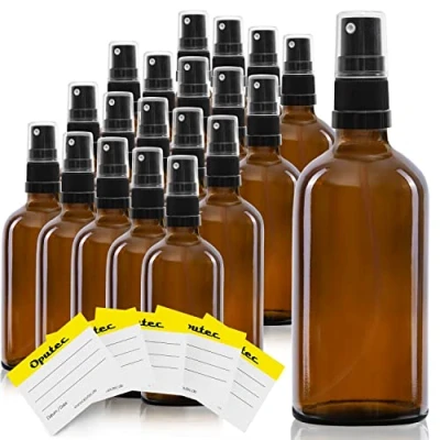 Image de Oputec Lot de 20 flacons pulvérisateurs en verre 100 ml avec vaporisateur + étiquettes inscriptibles Bouteilles ambré tête pulvérisation fine Petit flacon pulvérisateur