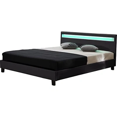Image de Habitat et Jardin Lit Double Maria en Simili Noir avec LED Intégrées 160 x 200 cm Cadre de 2 Places Design Sommier à Lattes Inclus