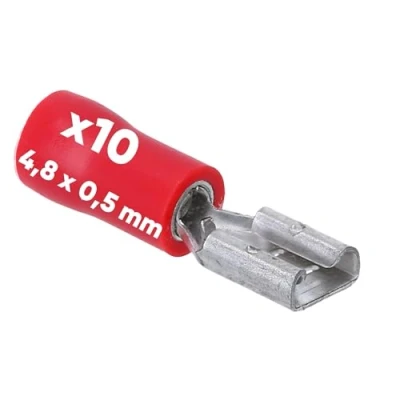 Image de Kalitec FHR485 Lot de 10 cosses plates rouges 4,8 x 0,5 mm Connecteur câble I 1,5 mm² Partiellement isolé Laiton Col en PVC pour voiture et industrie