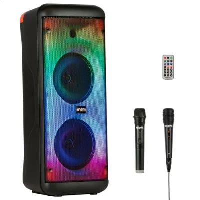 Image de MOOVING SOUND MS ELECTRO SOUND600 Enceinte de 2x8/600W sur Batterie avec Effet Lumineux la façade Avant, 1 Micro Filaire et sans Fil Bluetooth/USB/AUX/MicroSD Noir