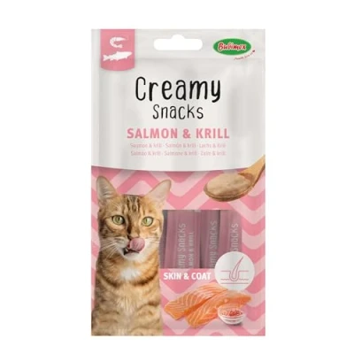 Image de Bubimex Creamy Snacks Saumon et Krill Friandises Crèmes à Lécher pour Chats Texture Lisse, Onctueuse Appétissante Stimule l&#039;Appétit Favorise l&#039;Hydratation 4 x 15 g