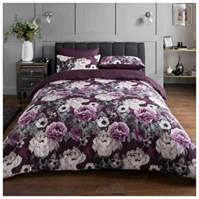 Image de Sleepdown Inky Parure de lit réversible avec housse couette 155 x 220 cm et 2 taies d&#039;oreiller 80 cm, Violet, Polycoton