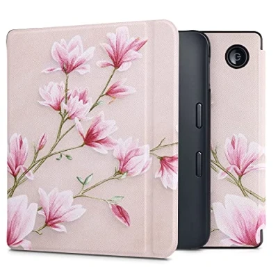 Image de kwmobile Étui Compatible avec Kobo Libra 2 Coque à Rabat magnétique Tablette eReader Similicuir Rose Clair Blanc Ancien
