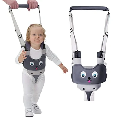 Image de IULONEE bébé marche harnais poignée réglable enfant en bas âge assistant debout et aide à l&#039;apprentissage infantile ceinture rênes enfants de sécurité (Gris)