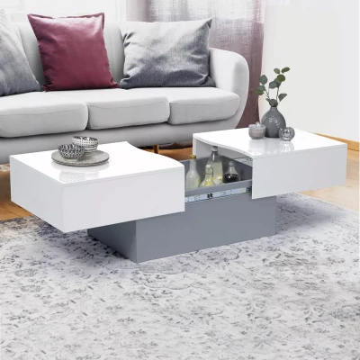 Image de Table basse coulissante blanche et grise avec rangement mini bar intégré