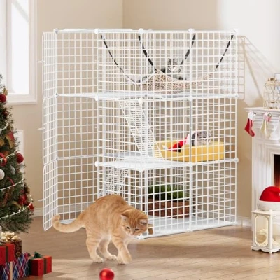 Image de YITAHOME Cage pour Chat Extérieur/Interieur, Enclos avec 3 Portes, 2 Échelles, Parc en Métal à Niveaux Hamac, 1 Chats, Chinchilla, Blanc, 72x72x107 cm