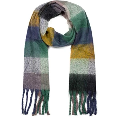 Image de styleBREAKER Écharpe en tricot pour femmes avec motif à carreaux colorés et longues franges épaisses, hiver chaud, étole 01017138, couleur:Rouge blanc curry