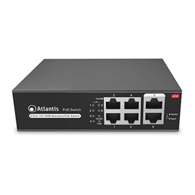 Image de Atlantis Switch 6 Port 10/100Mbps 4 Ports poe jusqu&#039;à 65W, Chaque 30W, Desktop/Mur, Alimentation Interne, boîtier métallique,A02 F6P4 65W,VLAN et Longue distance,jusqu&#039;à 250m, Mode A