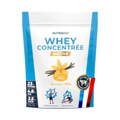 Image de NUTRI &amp; CO Whey Concentrate Native Jusqu’à 80% de Protéines Pur Lait Français Low Lactose Digestion Facile Riche en BCAA Prise Masse Musculation 900g 30 portions goût Vanille
